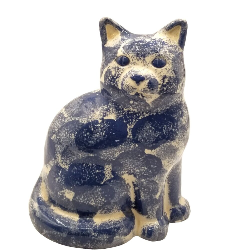 Vintage 80s Patchwork Ceramic Cat Figurine Blue Glossy Collectible 9" Hand Paint